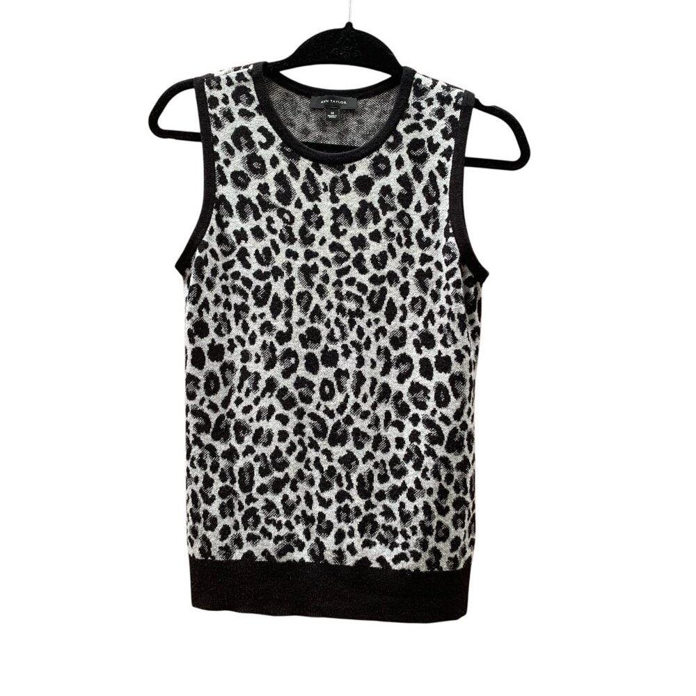 Ann Taylor Black & Gray Animal Print Sleeveless Wool Sweater Womens Size M
